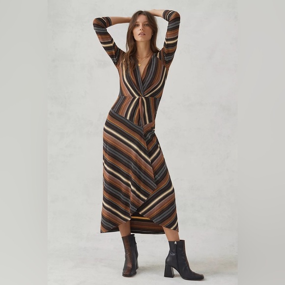 Maeve Anthropologie Boho Black/Brown Faux Wrap Striped Midi Dress Size XS - Picture 1 of 11
